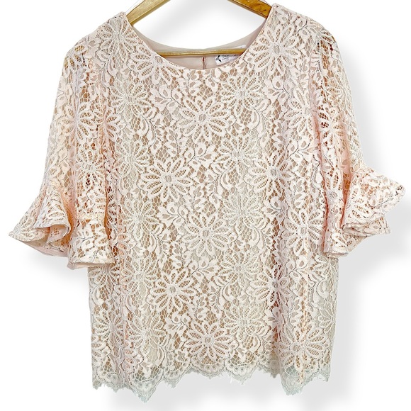 Nanette Lepore Floral Lace Crew Neck Bell Sleeve Top Shirt Large Light Pink - Picture 2 of 14